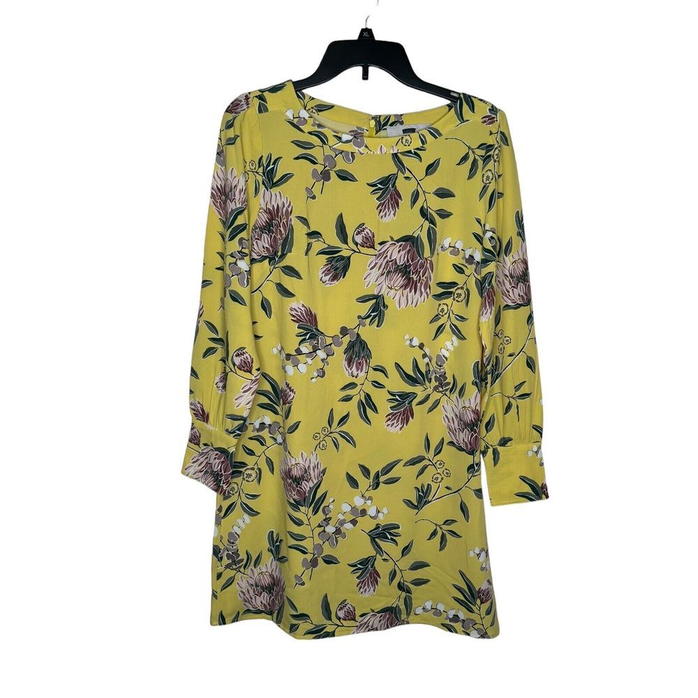 LOFT Womens Dress Floral Stretch Long Sleeve Cuffed Mini Shift Boatneck Yellow 6